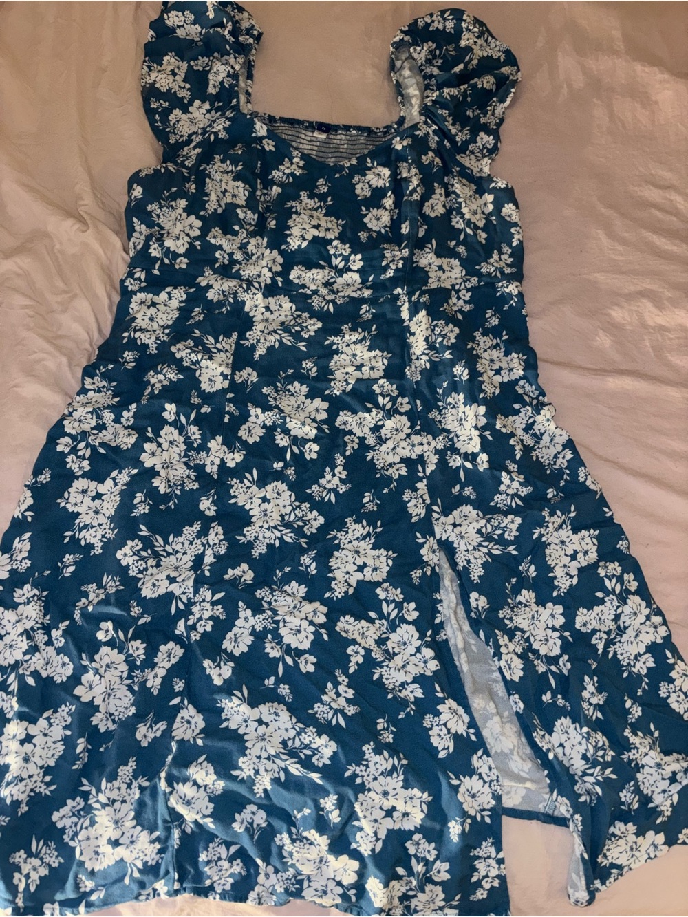 Old Navy Blue Floral Midi Dress with Puff Sleeves